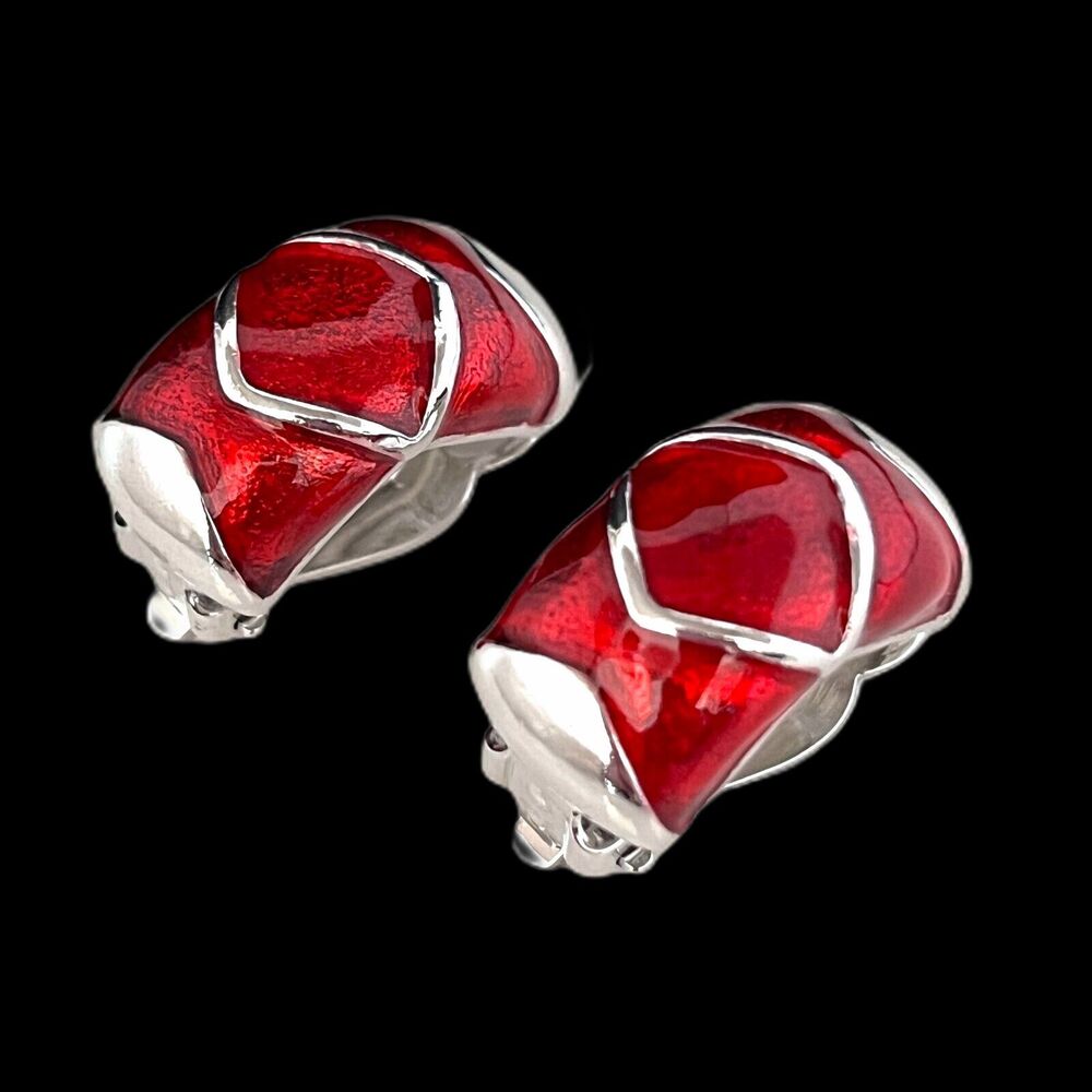 Vintage 1980s Red Enamel Half Hoop Clip Earrings Silver Tone - 2G
